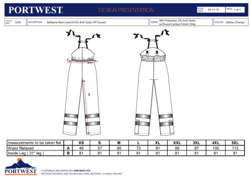 Pantaloni  Hi-Vis captusiti, ignifugi si antistatici, galben, regular, Bizflame Rain, Portwest